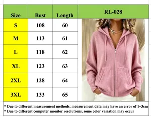 Detailed size chart for women's pink hooded zip-up oversized knit cardigan sweater