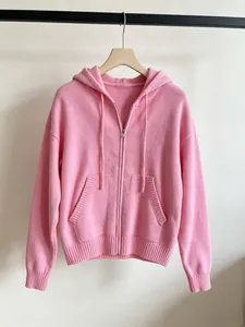 Pink long sleeve knitted zip-up hoodie with front pockets and ribbed cuffs for women
