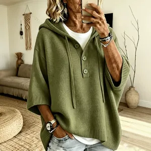 Pull à capuche décontracté vert olive pour femme avec demi-boutonnage et manches mi-longues