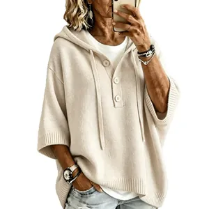 Sweat à capuche décontracté en tricot beige pour femme avec boutons et demi-manches