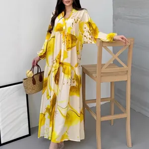 Elegant yellow floral print loose long sleeve V-neck maxi dress for women casual style.