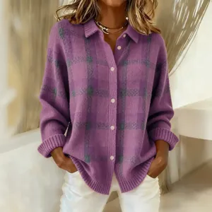 Cardigan da donna in maglia a quadri viola a maniche lunghe con collo a revers