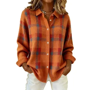 Cardigan in maglia a quadri arancione casual da donna con bottoni a maniche lunghe
