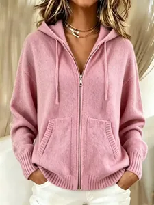 Women Casual Hooded Zip Up Knit Cardigan Loose Solid Color Long Sleeve Cotton Polyester Sweater Jacket Autumn Winter Top