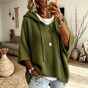 Pull à capuche décontracté pour femme en maille gaufrée vert olive avec coupe ample