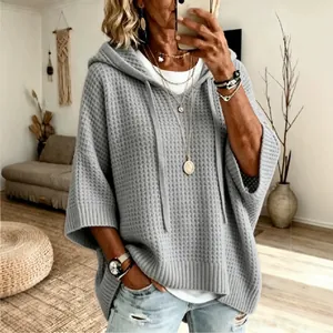 Pull à capuche en maille gaufrée grise pour femme, style décontracté d'automne