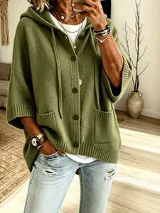 Casual olive green button-up knit hooded cardigan with pockets for women