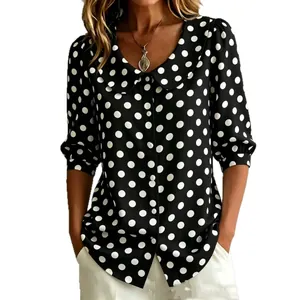 Chemisier noir elegant a pois pour femmes avec col Claudine et demi-manches chic