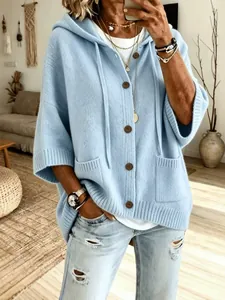 Cozy light blue knit hooded cardigan sweater for women featuring front buttons and pockets