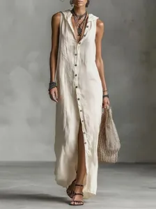 Bohemian sleeveless hooded maxi dress with front button closure in off-white linen fabric