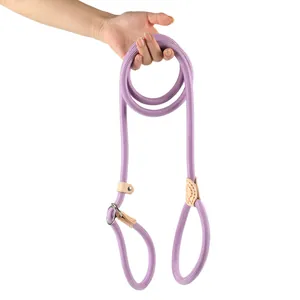 Detailed view of a durable purple thick slip lead P-leash for dogs with leather accents