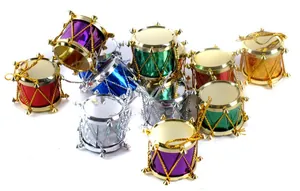 Group of 12 colorful 2.5cm mini Christmas drum ornaments on white background