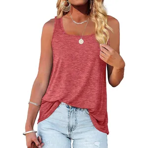 Front view detail of a comfortable brick red sleeveless tank top with soft round neckline