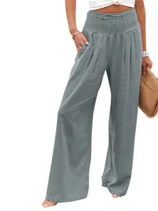 Fashionable women's high-waisted wide-leg trousers in casual grey linen-look fabric