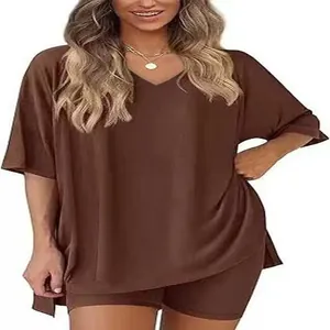 Close-up of brown two-piece lounge set with V-neck loose top and shorts
