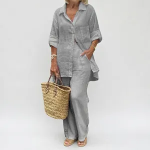 Ensemble deux pièces pour femme avec chemise à manches longues effet lin et pantalon