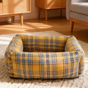 Cómoda cama cuadrada para mascotas con patrón de cuadros amarillos para gatos y perros