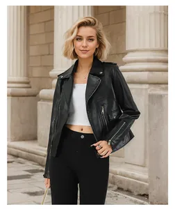 Close-up of black biker leather jacket with premium zipper details and soft texture