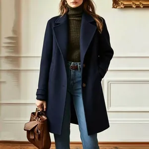 Close-up of a navy blue mid-length wool-like coat with lapel collar and classic buttons
