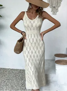 Women Sexy Hollow Out Knitted Maxi Cami Dress Backless See Through Beach Vacation Off White Polyester Spandex Dress