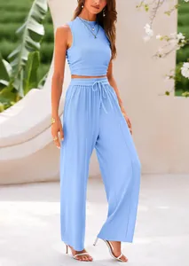 Full view of a blue 2-piece ribbed knit set with sleeveless tank and wide-leg pants.