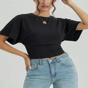 Women's casual black round neck short sleeve crop t-shirt with slim fit cinched waist