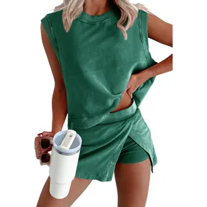 Women's 2-piece casual set with sleeveless crewneck top and matching skort in green