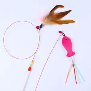 Set de varitas interactivas para gatos con plumas de colores, pez de felpa y cascabeles