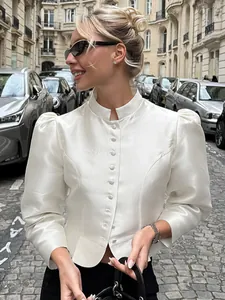 Women Vintage Palace Style Blouse Elegant Matte Satin Stand Collar Puff Sleeve Short Shirt Office Commuter Polyester Top