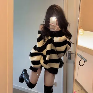 Women Korean Lazy Style Striped Knit Cardigan Loose Casual Polyester Acrylic Sweater Long Sleeve Open Front Ribbed Top