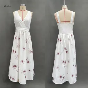 Detailed front and back views of a white V-neck floral maxi dress with smocked back