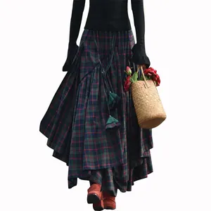 Vintage plaid maxi skirt with irregular hem and tassel drawstring for women in fall