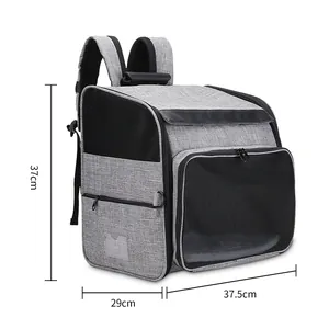 Grey pet carrier backpack with dimensions 37x29x37.5cm and mesh windows