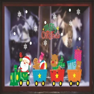 Pegatinas navideñas de colores para ventanas con Papá Noel y diseño de tren azul