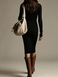 Back view of black ribbed knit long-sleeve bodycon dress with textured finish
