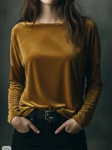 Premium gold velvet long sleeve top featuring an elegant boat neck and loose French fit.
