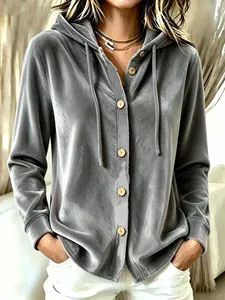 Gilet à capuche en peluche gris pour femme, veste boutonnée ample et douce en velours