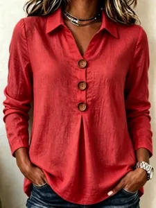 Casual solid red terracotta cotton linen long sleeve shirt with decorative buttons