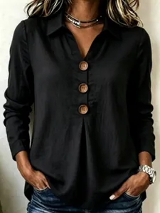 Casual black long-sleeve cotton linen blouse featuring large decorative wooden buttons.
