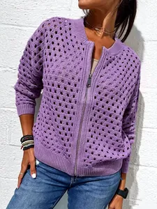 Detail shot of the purple hollow knit texture on a stylish zip-up autumn jacket