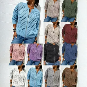 Women Casual Hollow Out Knit Jacket Cotton Polyester Blend Long Sleeve Zipper Cardigan Round Neck Soft Autumn Style Top