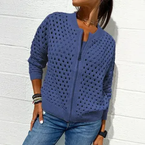 Stylish women's blue hollow-out knitted zip-up cardigan jacket for casual autumn wear