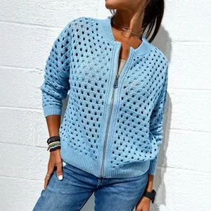 Women's light blue hollow-out knit cardigan with zipper for casual autumn style