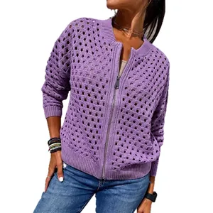 Women's purple hollow-out knit zipper jacket for a stylish casual autumn look