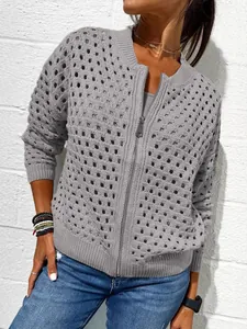 Casual grey hollow-out knitted zip-up jacket for women stylish fall fashion outerwear