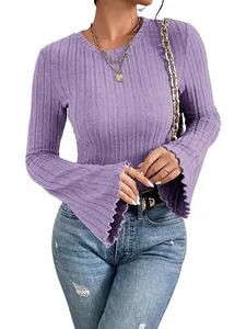 Detailed view of purple ribbed long sleeve top with stylish flared lettuce trim sleeves