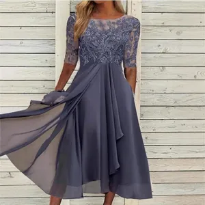 Detailed view of the intricate lace embroidery on this dusty blue chiffon evening gown
