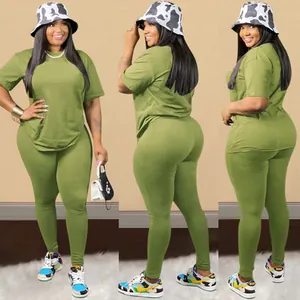 Detailed view of women's olive green 2-piece lounge set with t-shirt and leggings