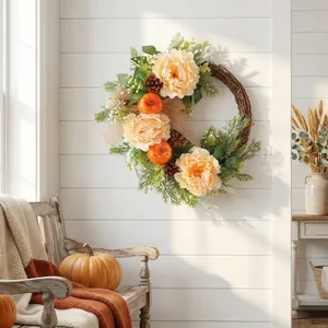 Autumn harvest wreath with peonies and pumpkins for Thanksgiving home wall door decor