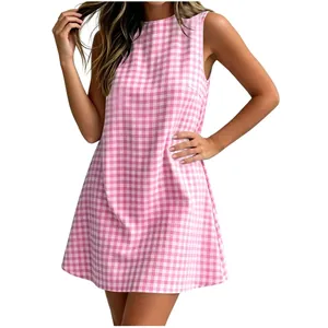 Detailed view of the pink and white gingham sleeveless dress with round neckline